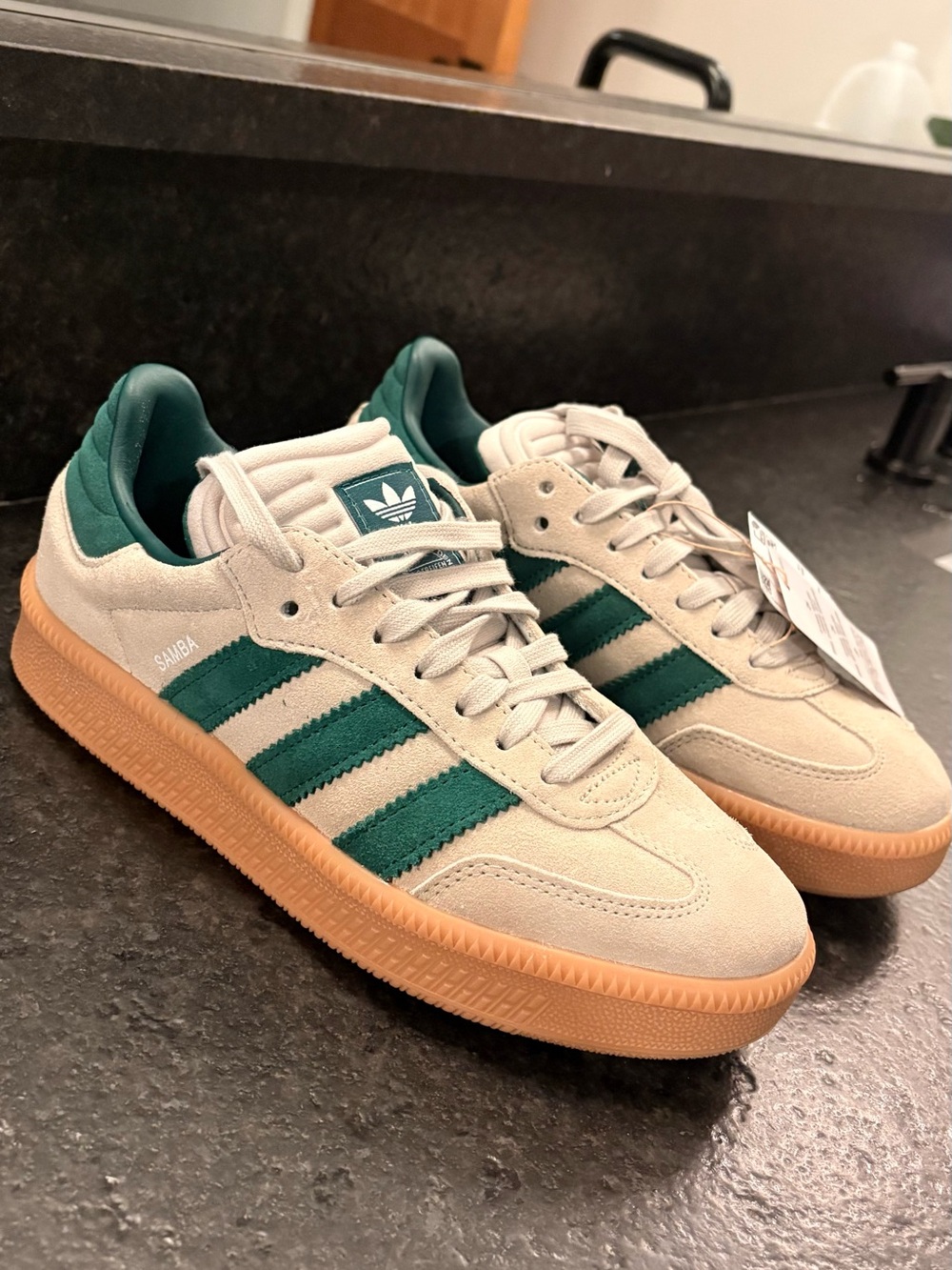 adidas Samba Suede Sneakers in Cream with Green Stripes and Gum Sole